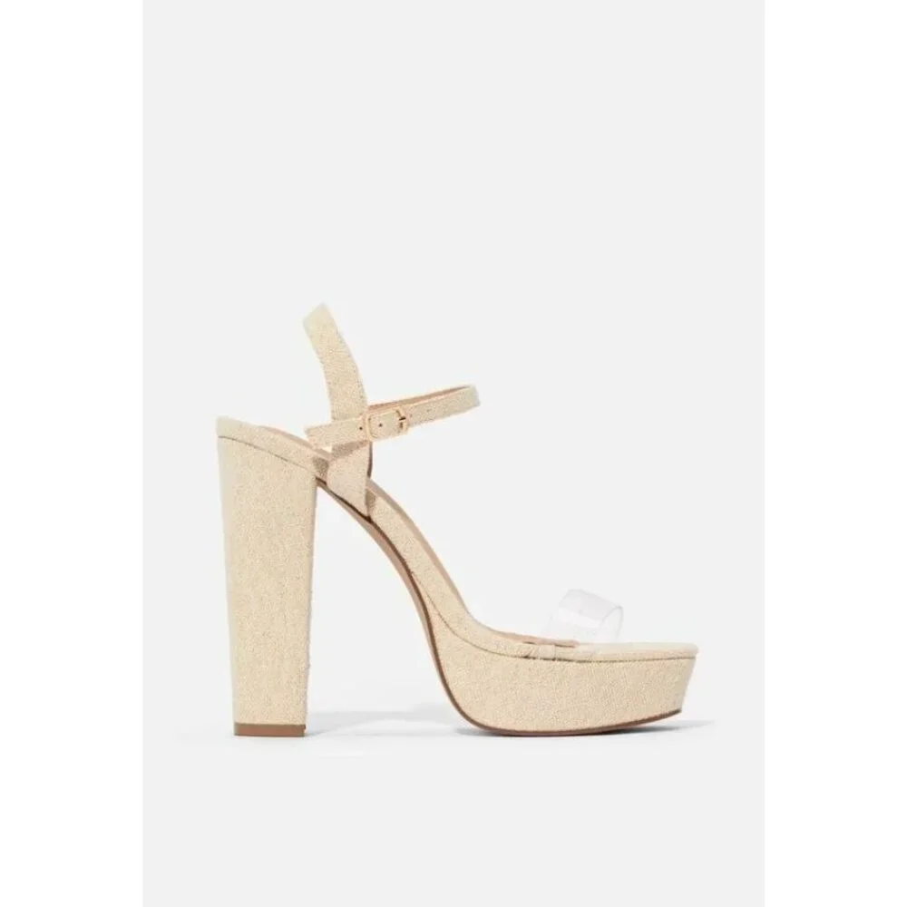 JustFab 8 Platform Block Heel Clear Strap Sandals Gold Glitter Linen Bridal Chic